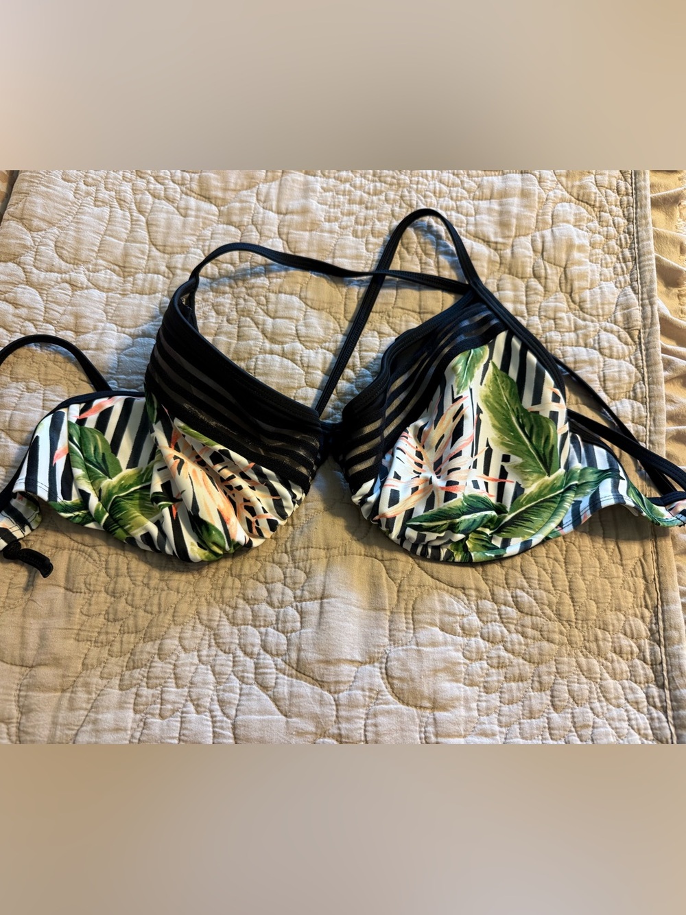 Body Glove Black Striped Underwire Bikini Top with Green Leaf Print